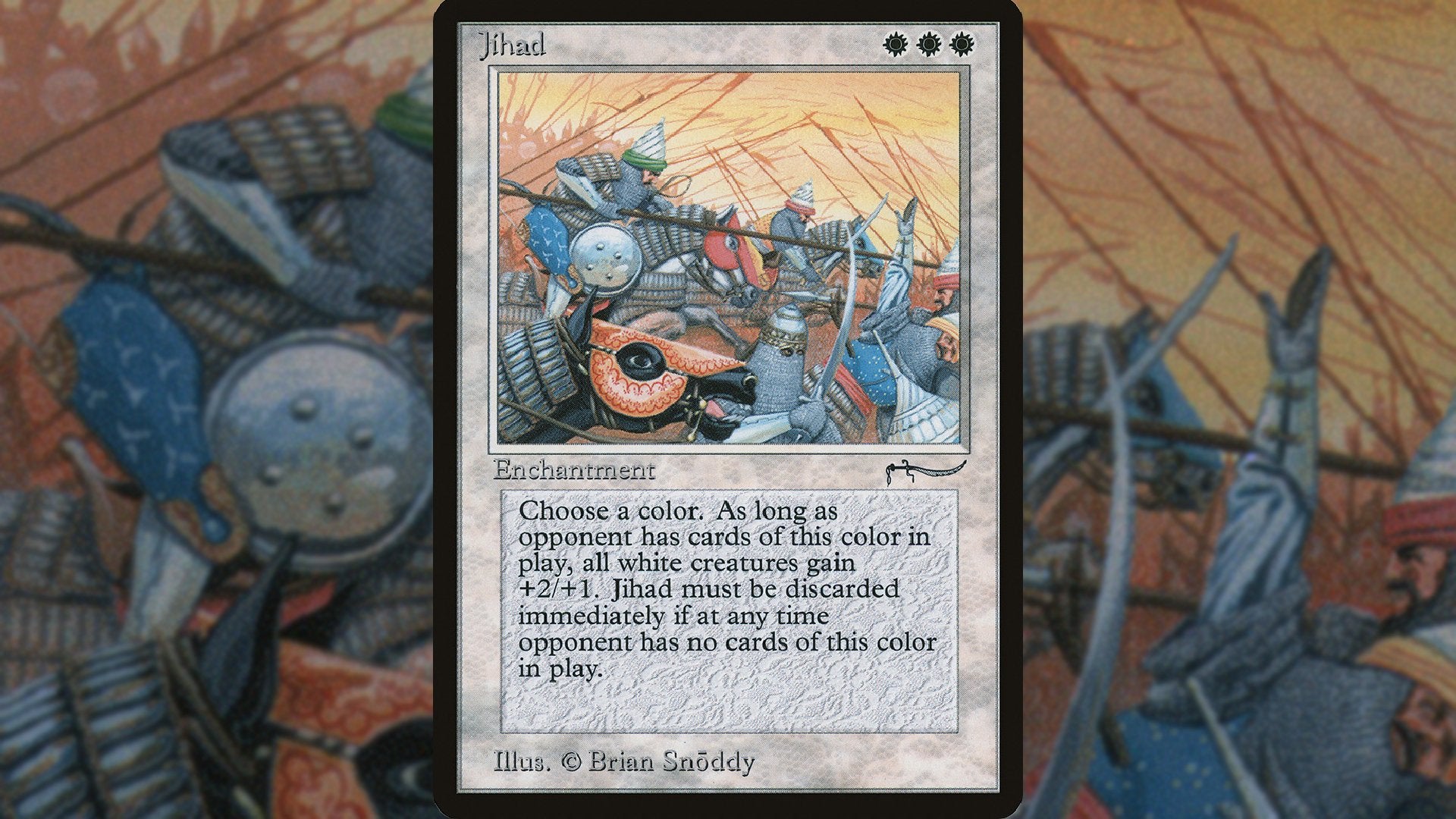 The Jihad card in MTG, which features a group of armed warriors riding horses.