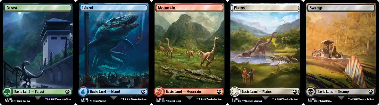 Basic Lands in MTG featuring dinosaurs from Jurassic Park.