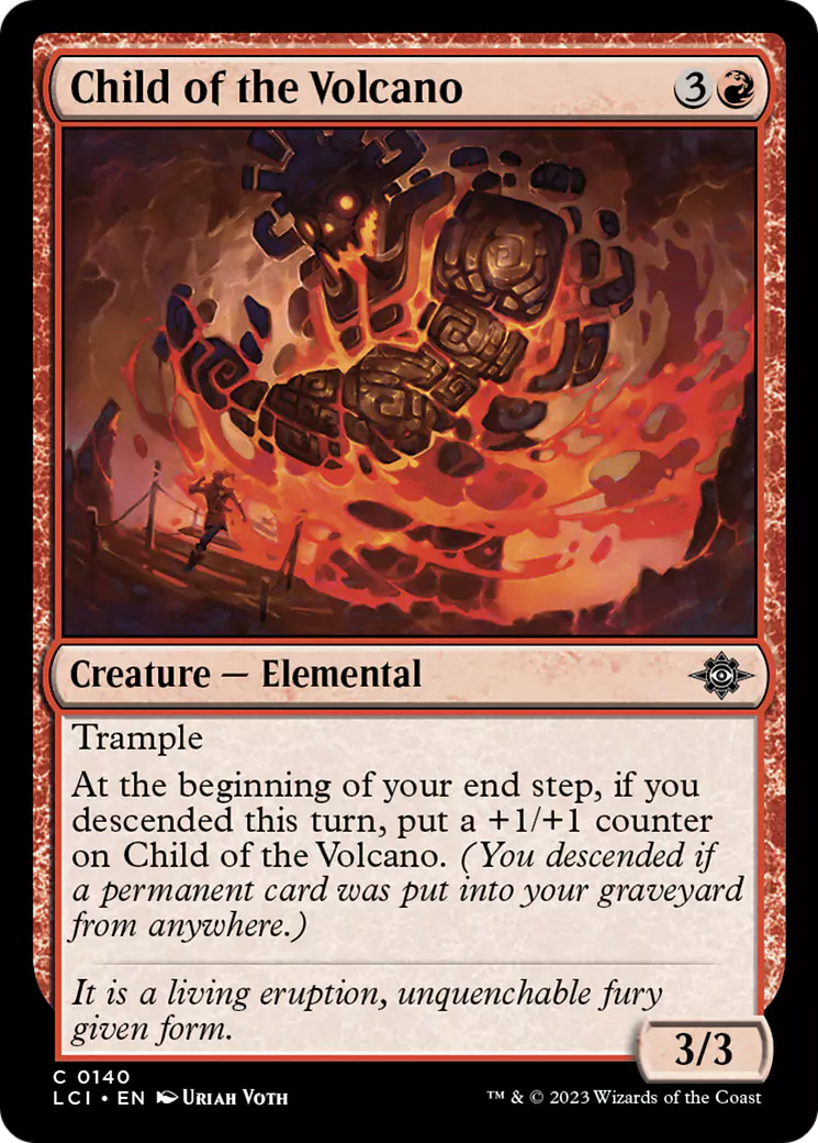 A red Creature card from MTG called Child of the Volcano.