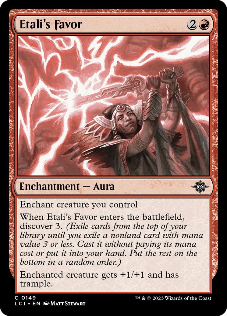 Etali's Favor from MTG, which is an enchantment—aura spell that grants a creature +1/+1 and Trample.