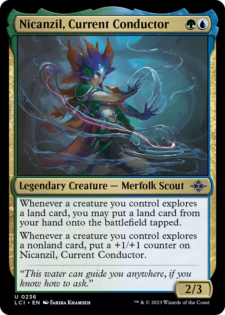 A green and blue Creature that lets you play more Land cards when you Explore in MTG.