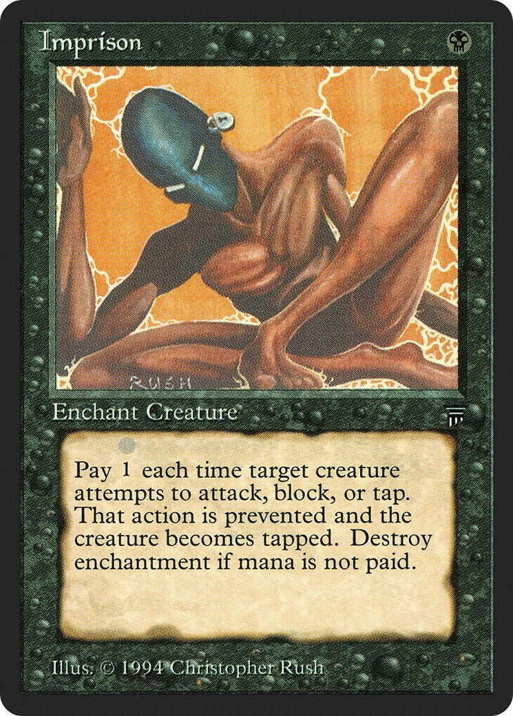 A racist MTG card featuring an emaciated dark-skinned person with a helmet locked onto their head.