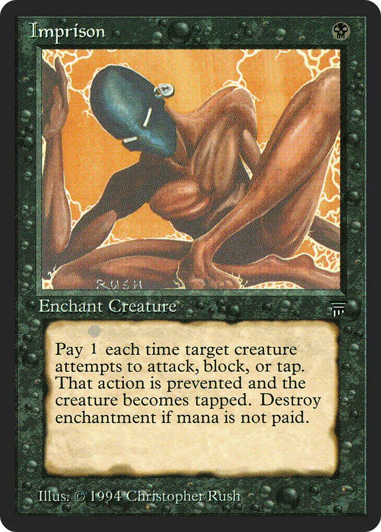 A racist MTG card featuring an emaciated dark-skinned person with a helmet locked onto their head.