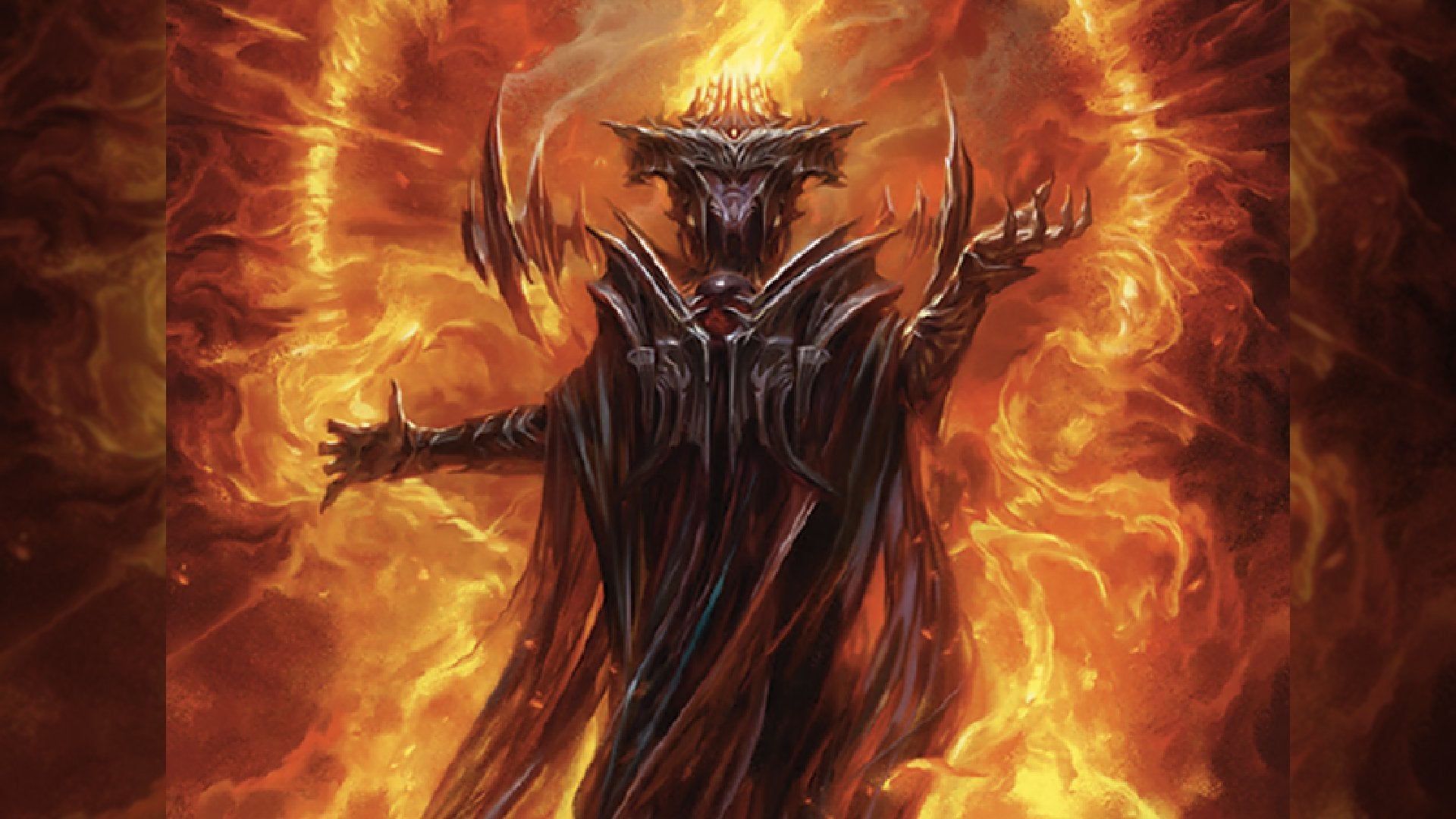 Card art from the Sauron, the Dark Lord MTG card that depicts Sauron from The Lord of the Rings in front of a ring of fire.