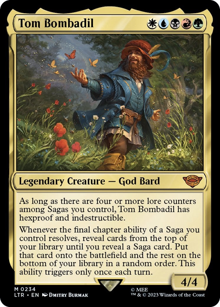 Tom Bombadil, a character from The Lord of the Rings on a five-colored MTG card.