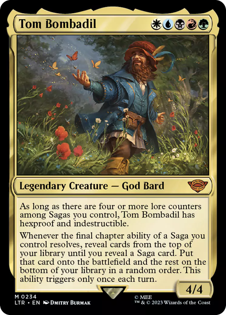 Tom Bombadil, a character from The Lord of the Rings on a five-colored MTG card.