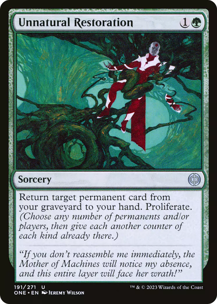 A green Sorcery card that retrieves a permanent from the graveyard and then Proliferates.
