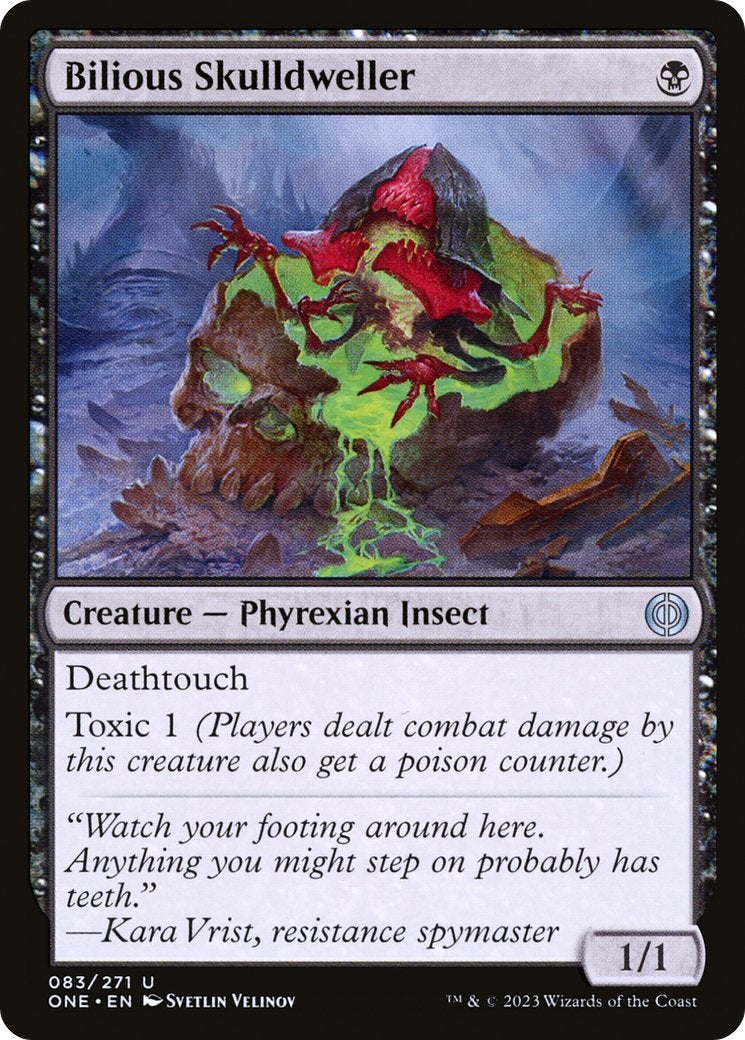A black creature in MTG with Toxic 1 and Deathtouch.