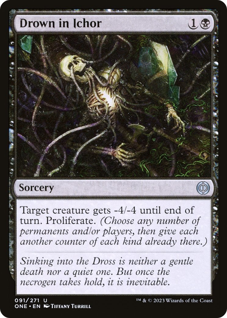 An MTG card with the Proliferate effect depicting a skeleton among mechanical tendrils.