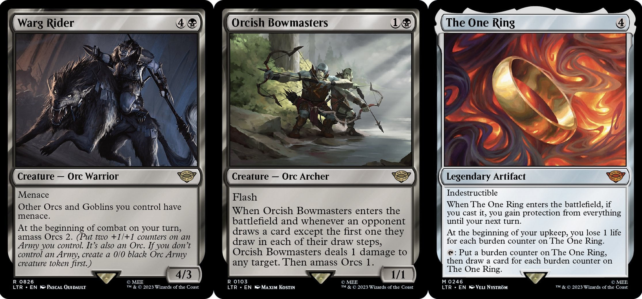 The Warg Rider, Orcish Bowmasters, and The One Ring cards in MTG.