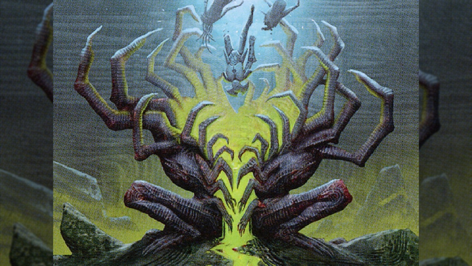Card art from the black creature card Gulping Scraptrap that depicts a spider-like chasm devouring humanoids.