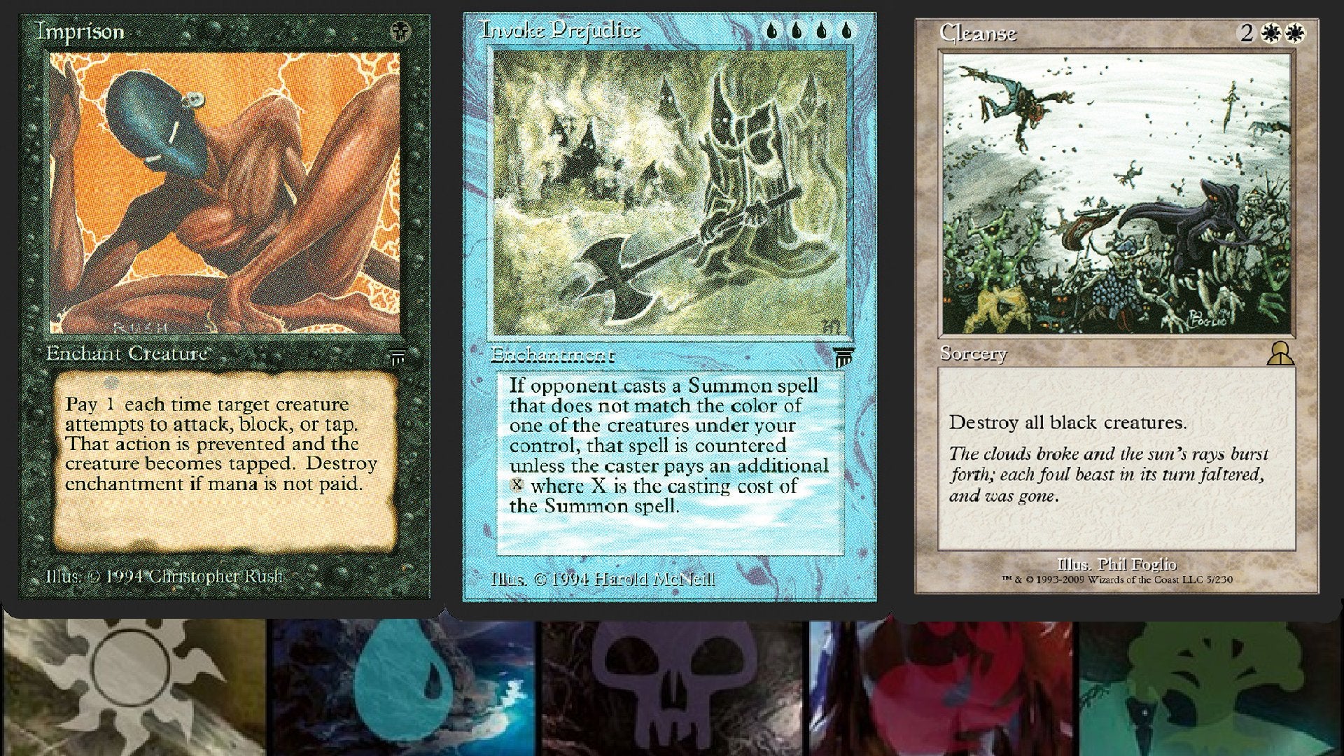 Three racist MTG cards in a row. From left to right: Imprison, Invoke Prejudice, and Cleanse.