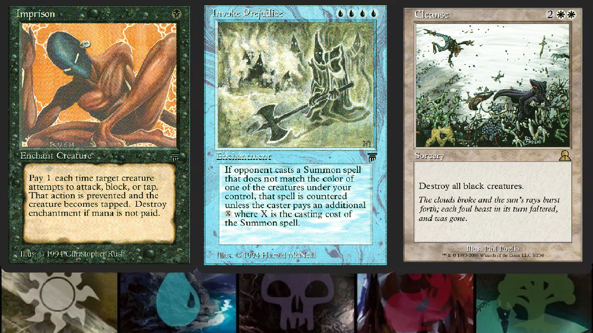 Three racist MTG cards in a row. From left to right: Imprison, Invoke Prejudice, and Cleanse.