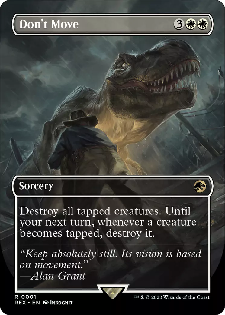 Alan Grant hiding from a T-Rex in Jurassic Park on an MTG card.