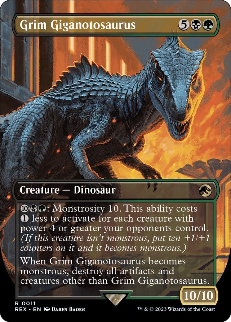 The Giganotosaurus from Jurassic World on a Magic: The Gathering card.