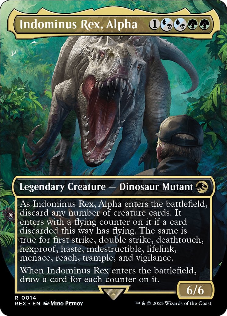 The Indominus Rex from Jurassic World on a Magic: The Gathering card.