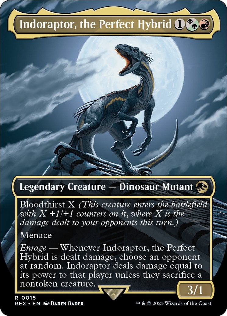 The Indoraptor from Jurassic World on a Magic: The Gathering card.