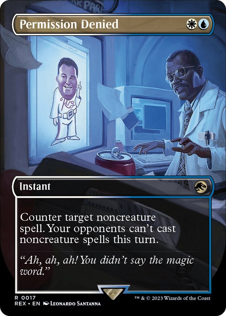 An MTG card depicting a scientist getting blocked out of a computer screen by a virus.
