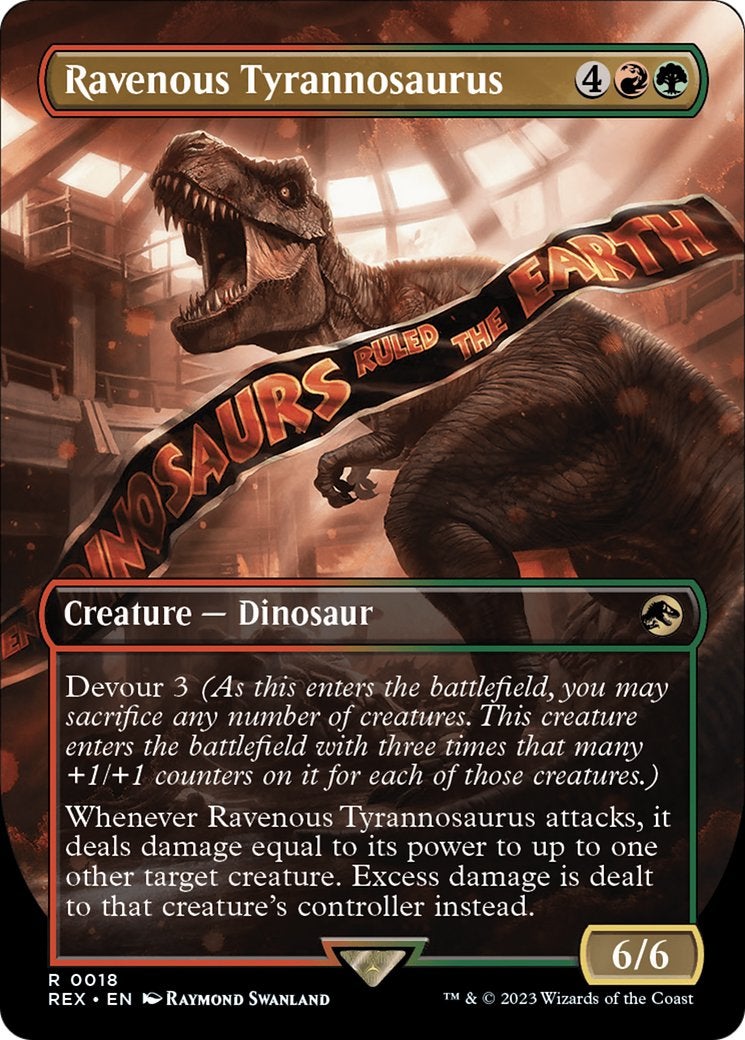 The T-Rex from Jurassic Park on an MTG Card.
