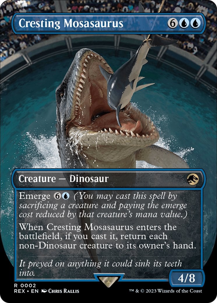 The Mosasaurus from Jurassic World on an MTG card.