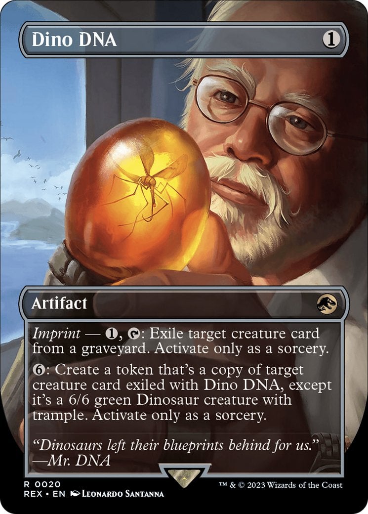 John Hammond from Jurassic Park looking at a mosquito trapped in amber on an MTG card.