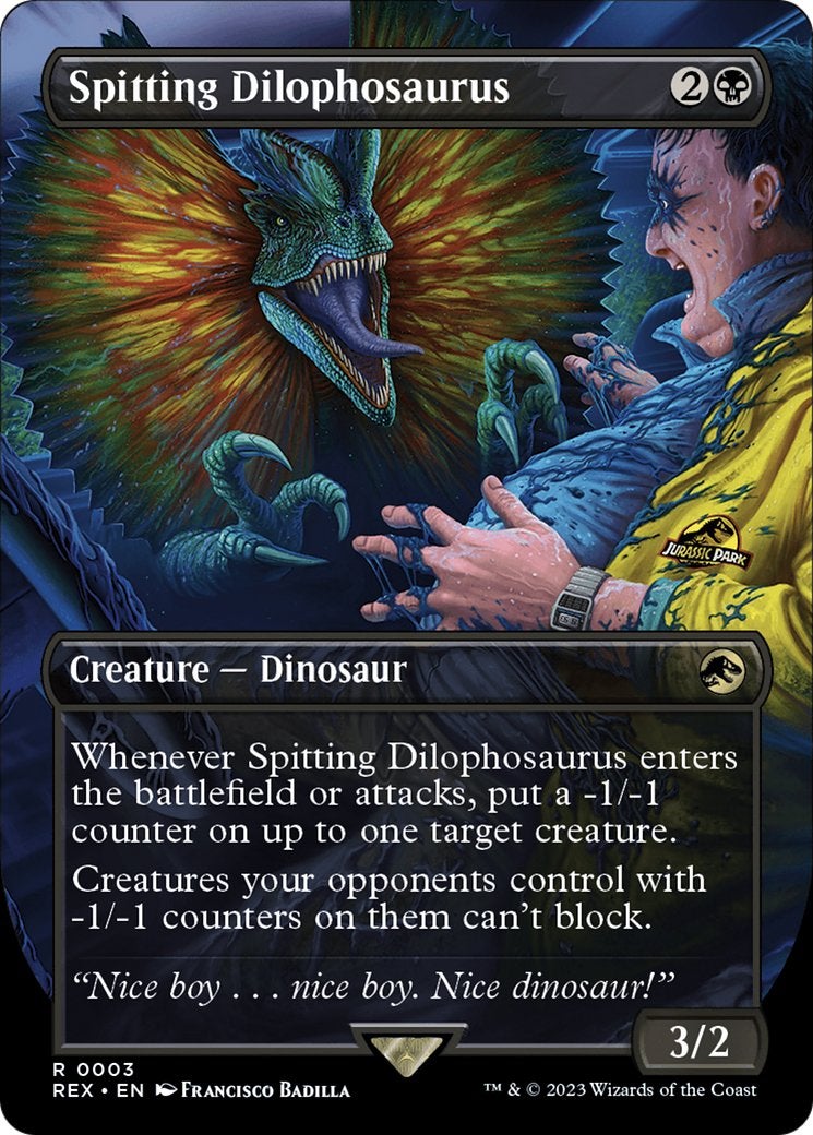 The Dilophosaurus from Jurassic Park on a Magic: The Gathering card.