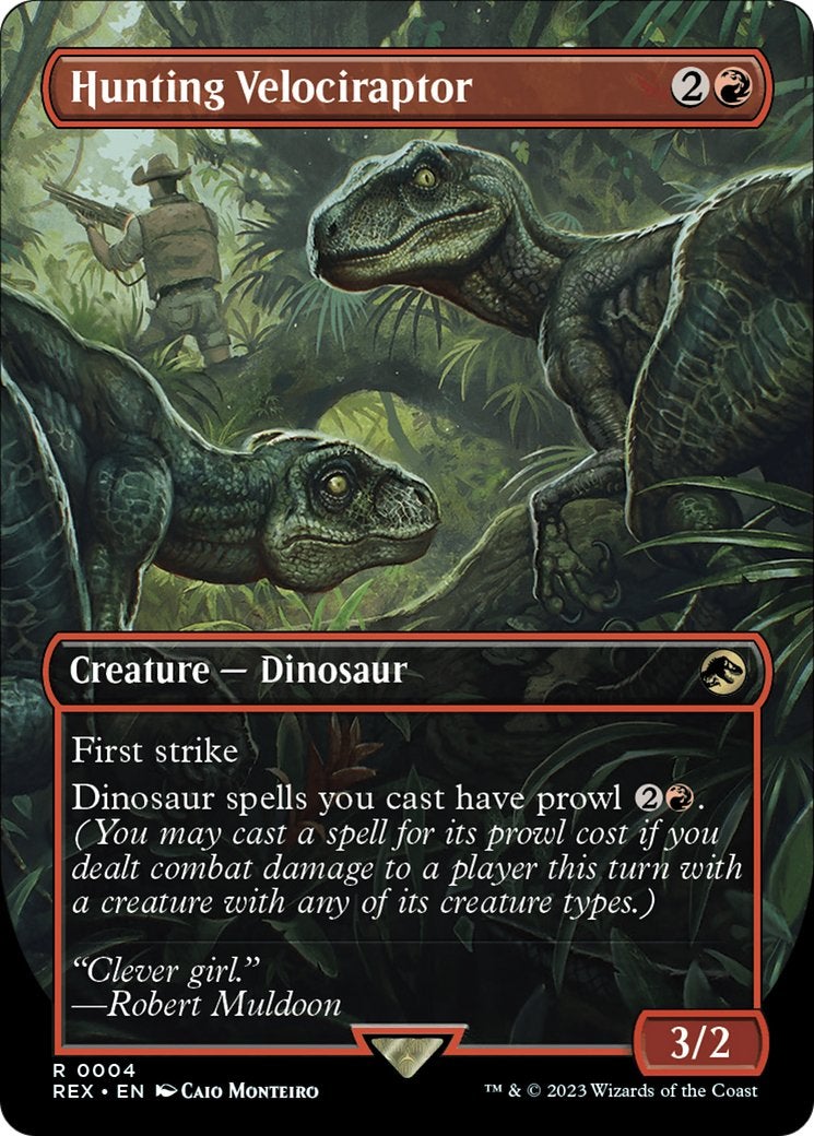 Velociraptors from Jurassic Park on an MTG card.