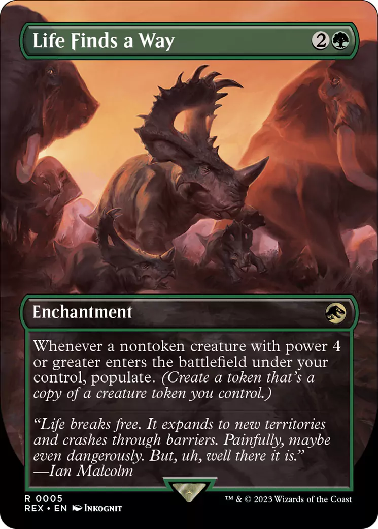 A dinosaur with a frill next to elephants on an MTG card.