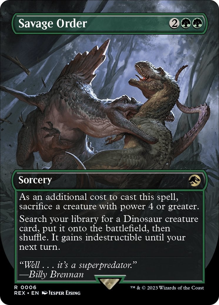 A Spinosaurus and a T-Rex fighting on an MTG card.