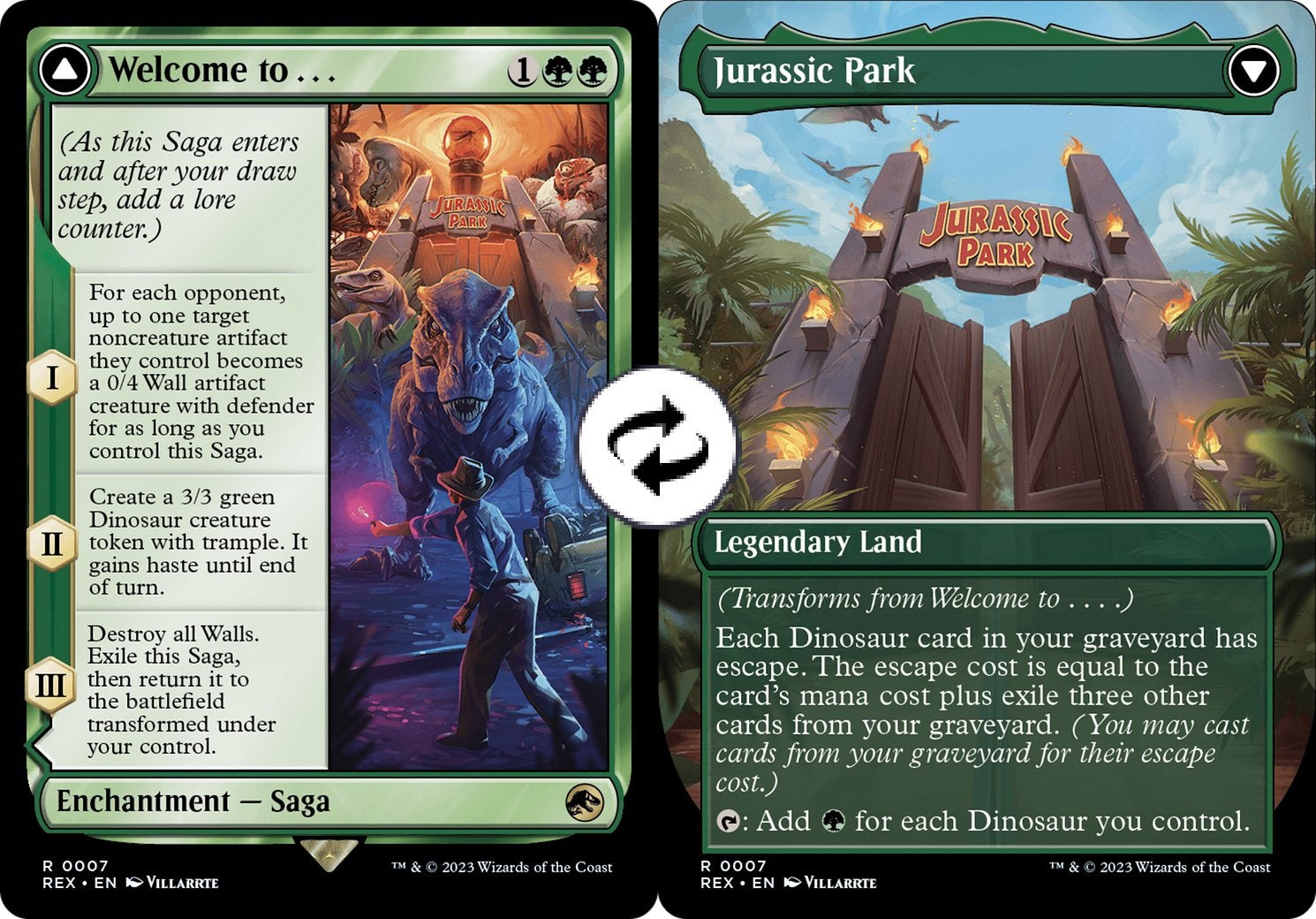 Two cards depicting the entrance to Jurassic Park in MTG.