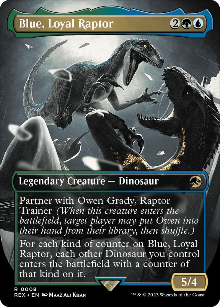 A blue and green MTG card featuring two carnivorous dinosaurs from Jurassic World.