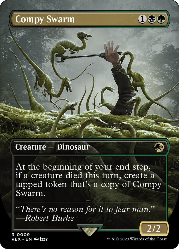 A swarm of small dinosaurs on an MTG card.