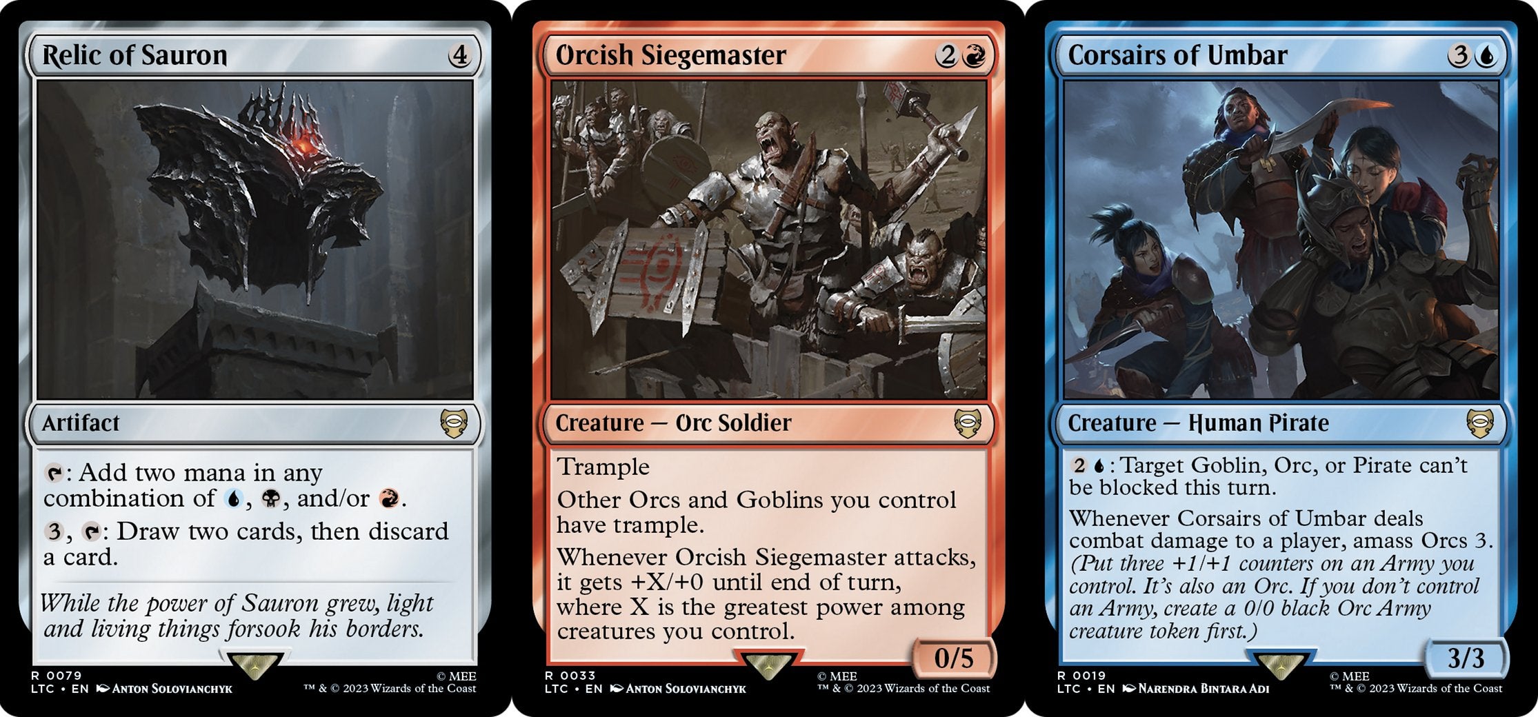 Three MTG cards that support Amass Orcs and Sauron, the Dark Lord tactics.