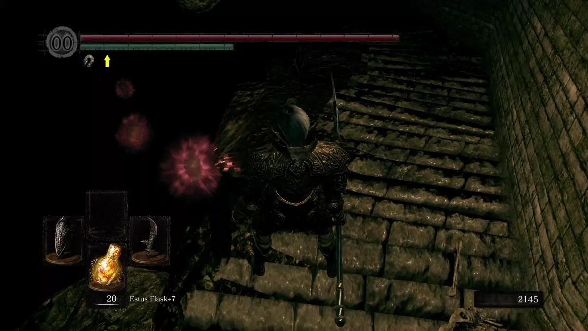 The Chosen Undead standing near Wisps in The Catacombs.