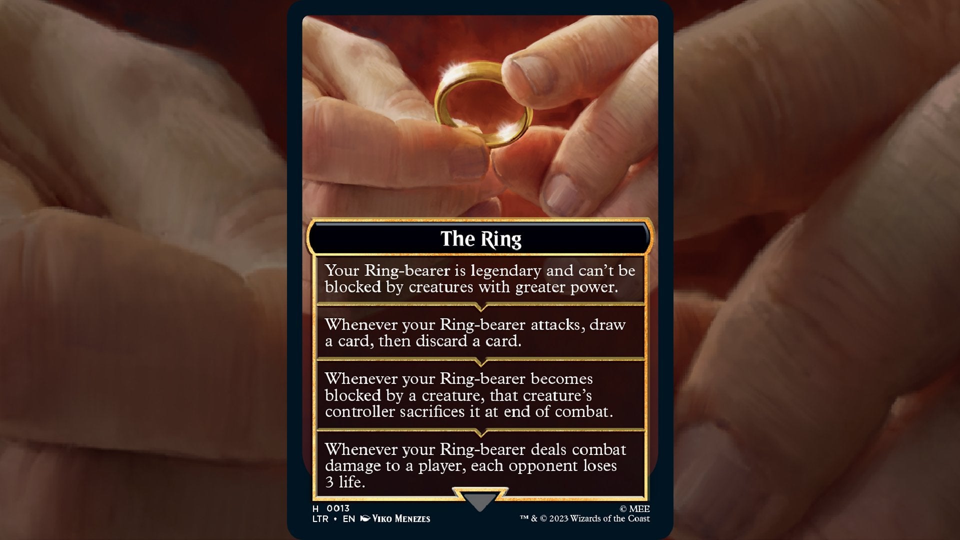 The Ring emblem from MTG showing two hands holding The One Ring and listing its effects below.