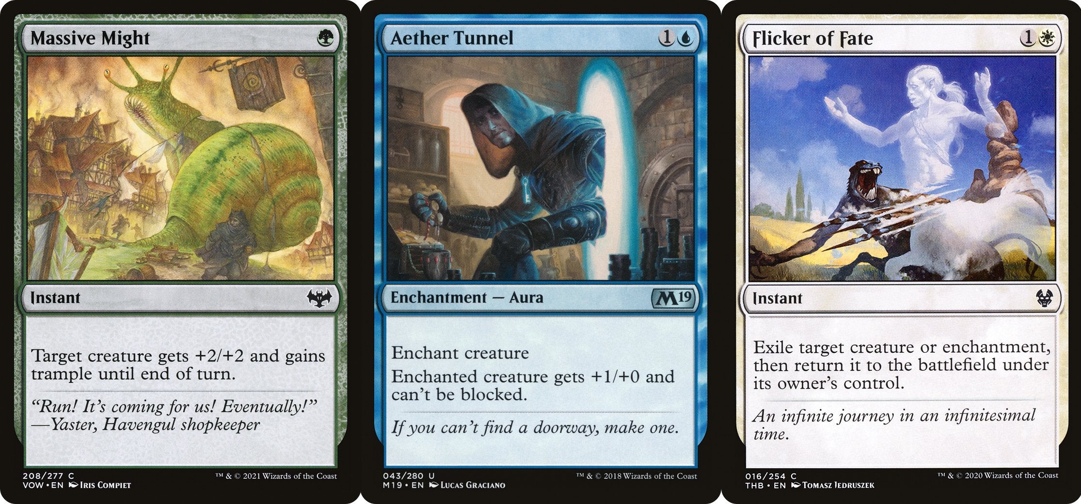 Three cards from Magic: The Gathering: Massive Might, Aether Tunnel, and Flicker of Fate.