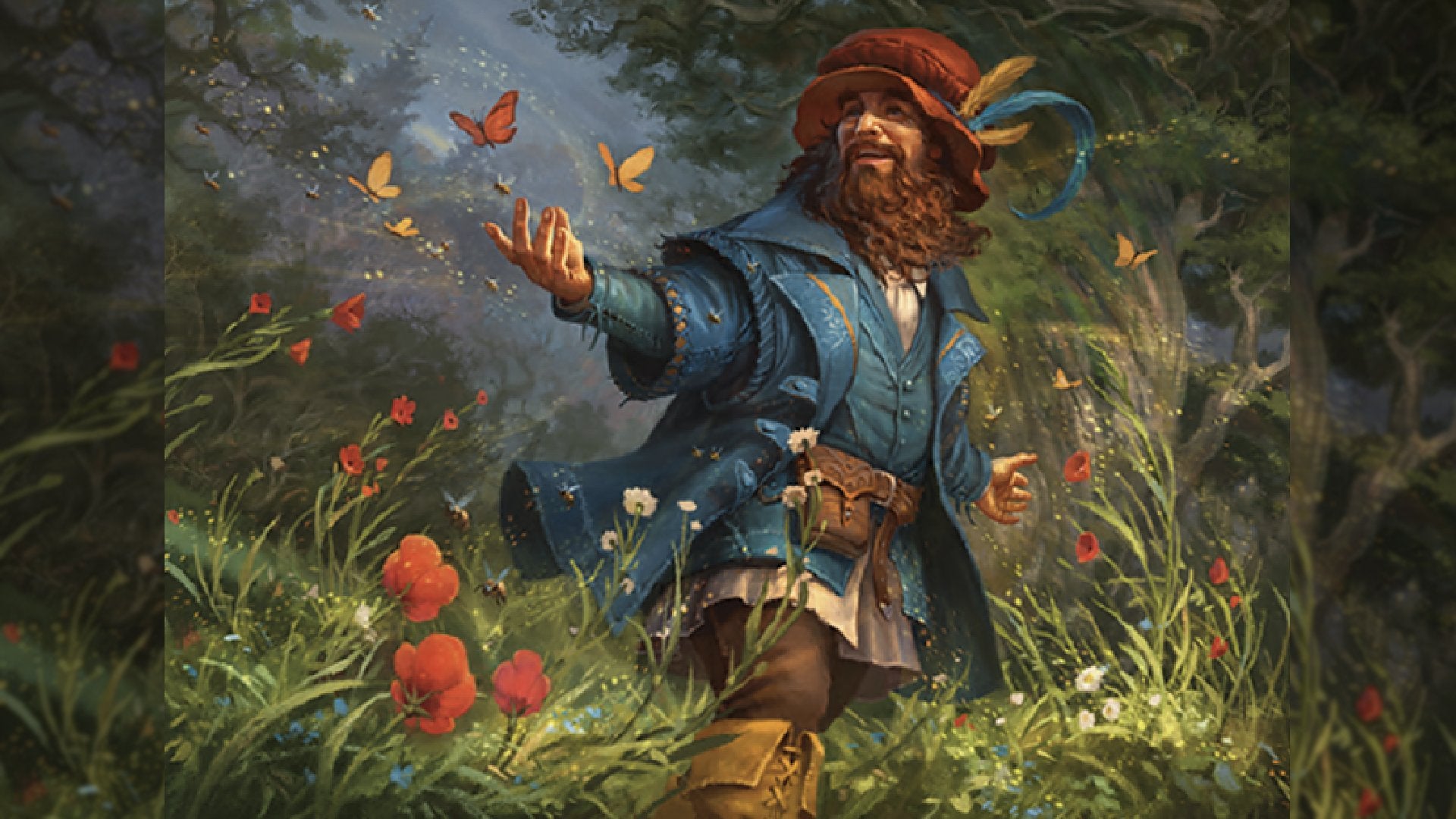 Art from the Tom Bombadil card in MTG. Tom Bombadil is in a lush forest and is smiling.