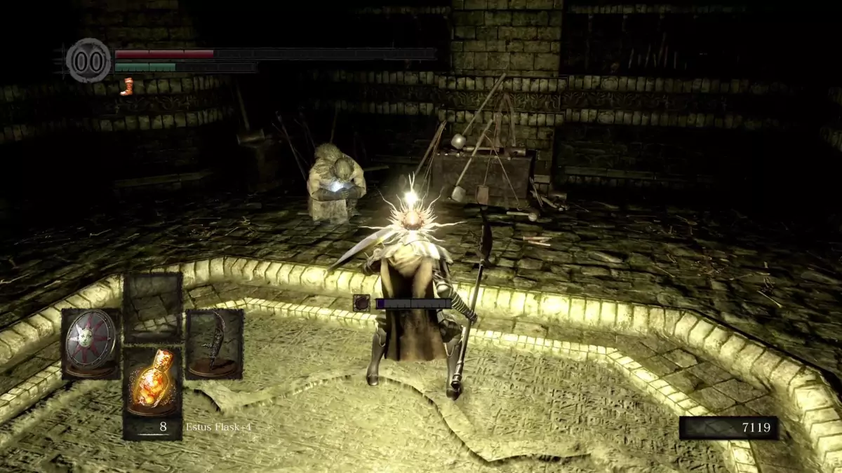 The Chosen Undead standing before a dead blacksmith.