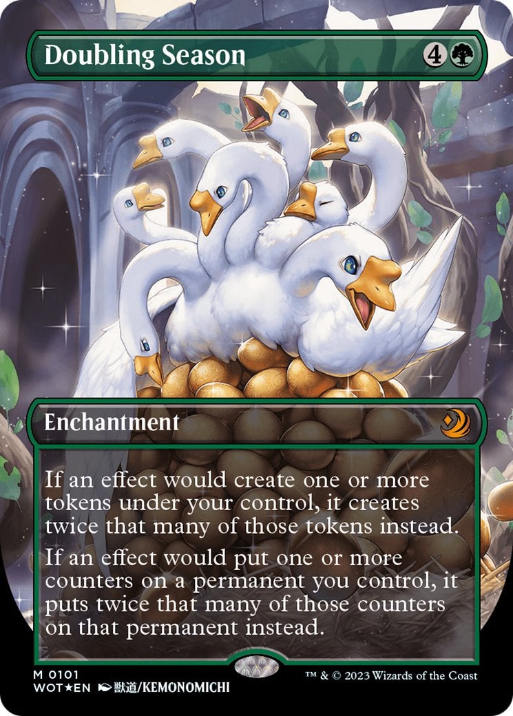 The Doubling Season Enchantment card from Magic: The Gathering, which depicts a goose with multiple heads.