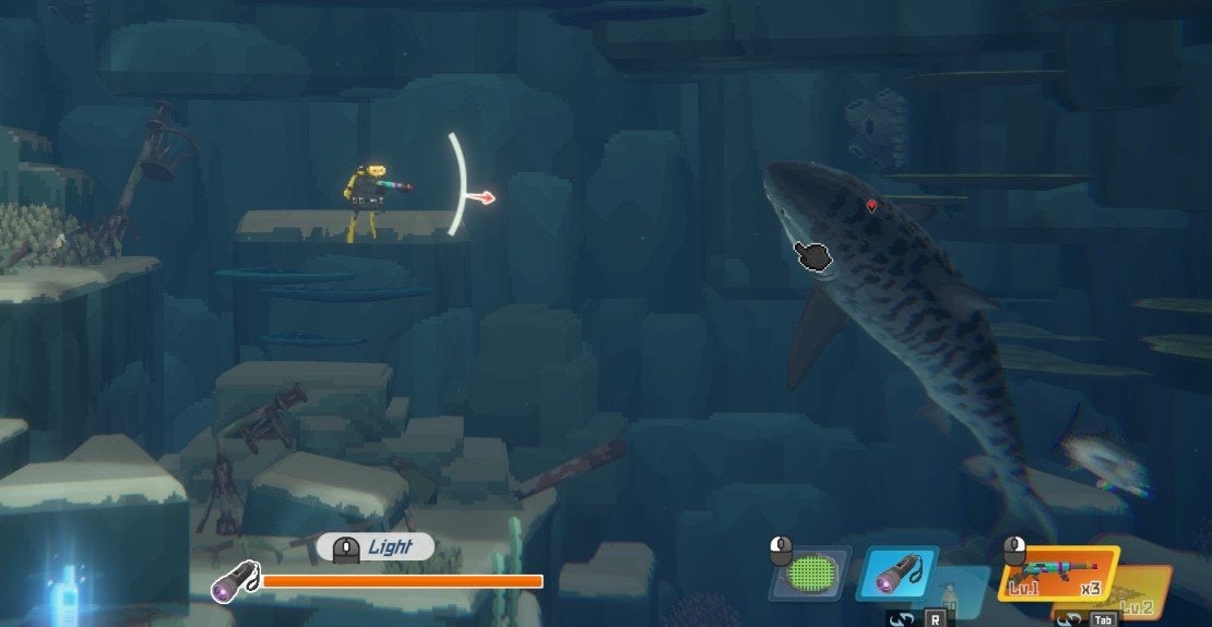A player aiming the Tranquilizer Rifle at a Tiger Shark. 