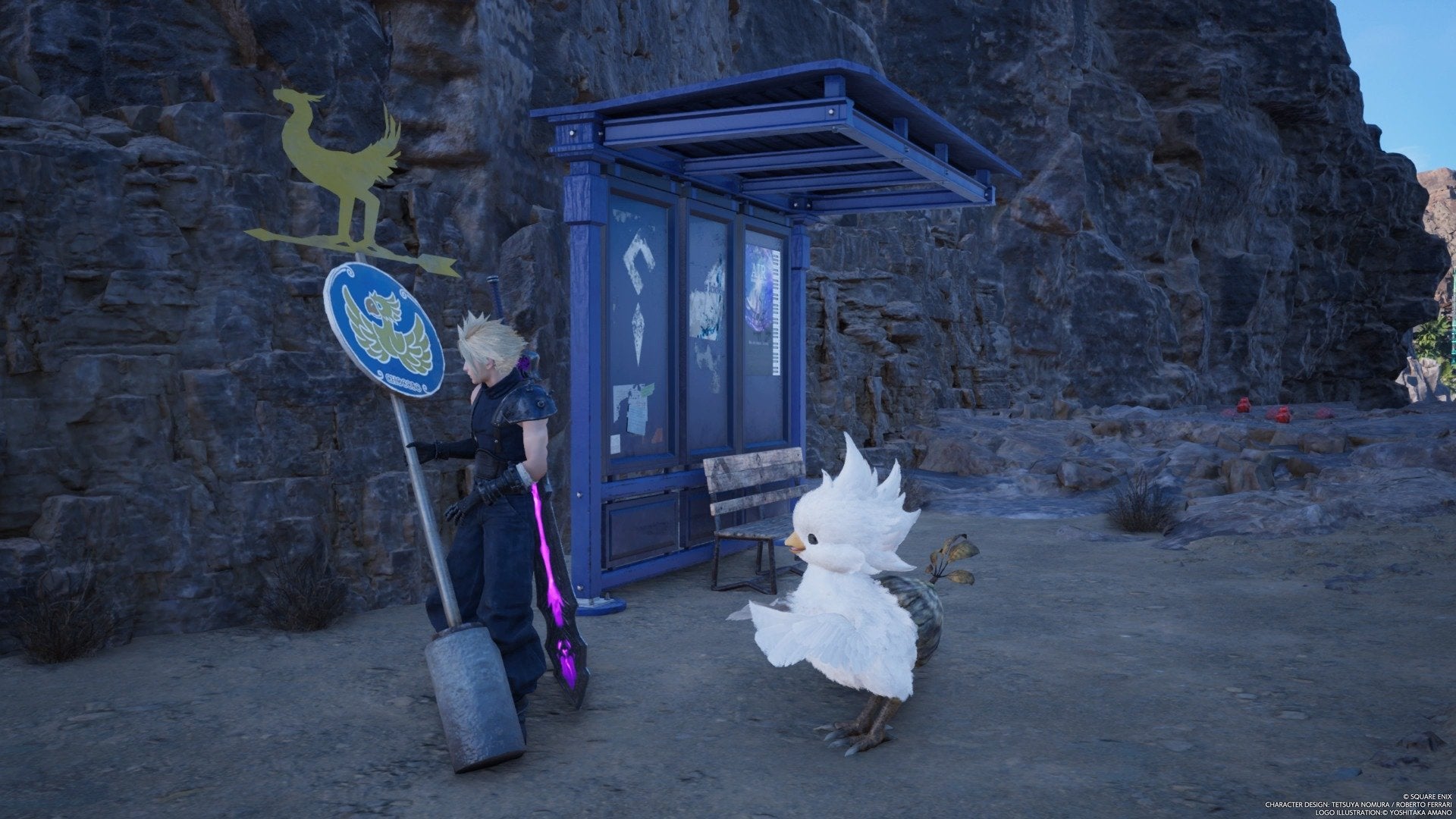 Cloud helping to repair a Chocobo Stop alongside a baby Chocobo in Final Fantasy VII Rebirth.