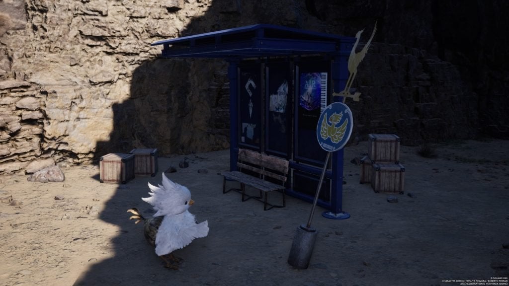 A baby Chocobo looking at a repaired Chocobo Stop in Final Fantasy VII Rebirth.