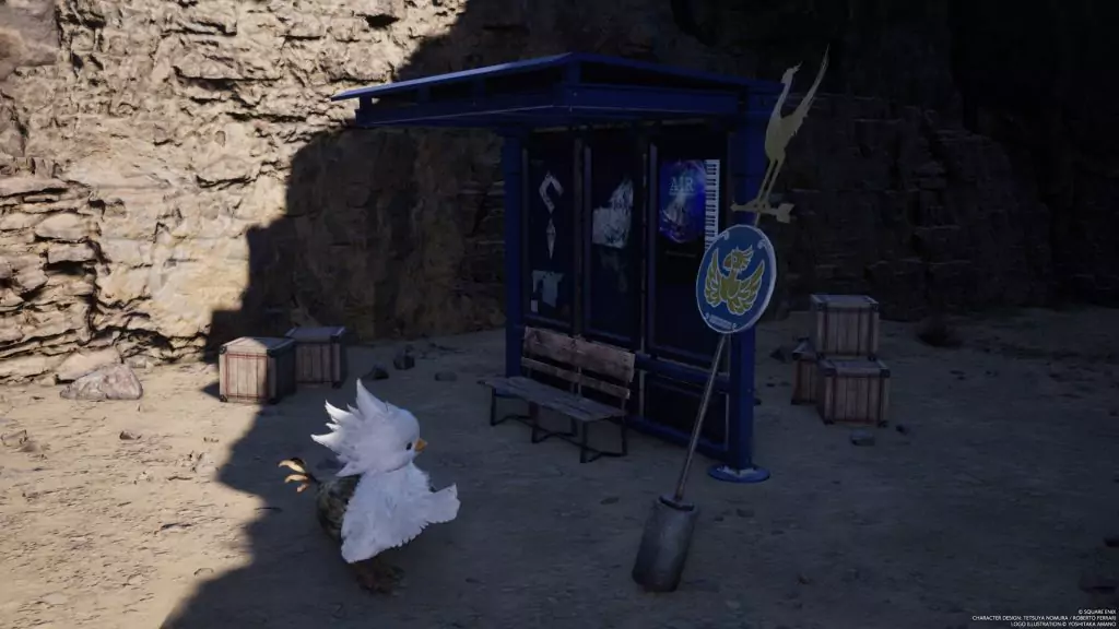 A baby Chocobo looking at a repaired Chocobo Stop in Final Fantasy VII Rebirth.