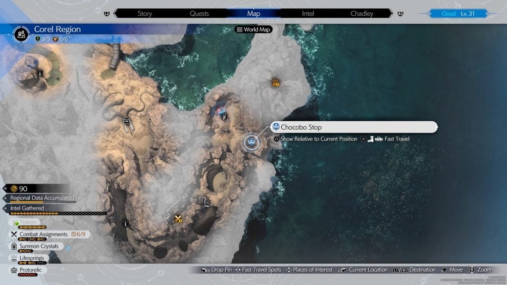 The map in Final Fantasy VII Rebirth highlighting a Chocobo Stop players can fast travel to.