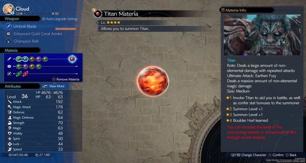 An example of Summon Materia. This is Titan's Materia, and equipping it allows him to be summoned in battle.