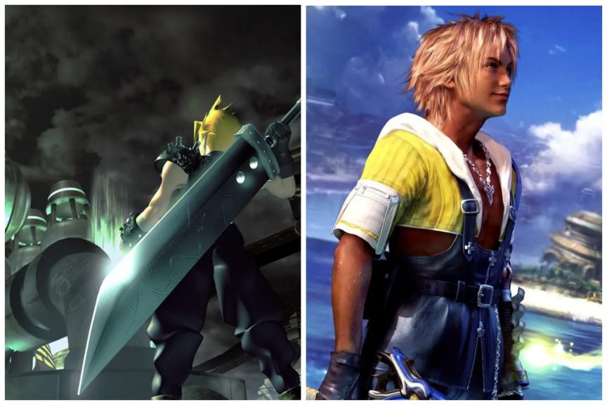 Cloud with his Buster Sword on the cover of Final Fantasy VII and Tidus from Final Fantasy X standing in the blue waters of Besaid Island.