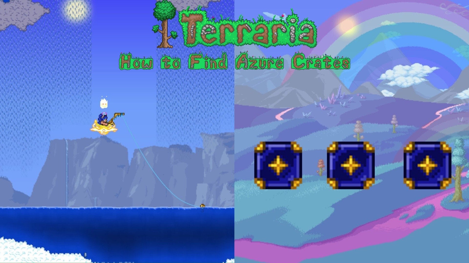 To the left is a player fishing on a Floating Lake for Azure Crates, and on the right are three Azure Crates, which are dark blue boxes with yellow corners.