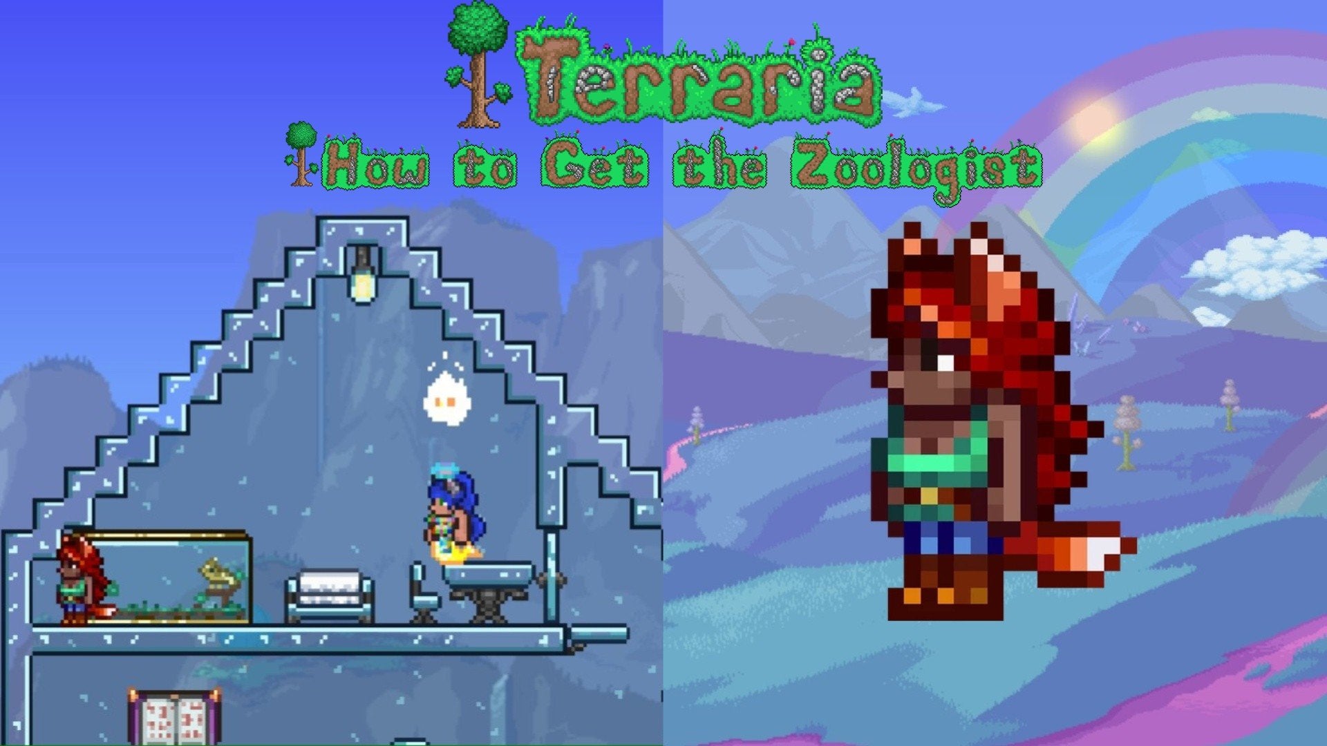 To the left is a player standing next to the Zoologist in a house and to the right is a closeup of the Zoologist NPC.