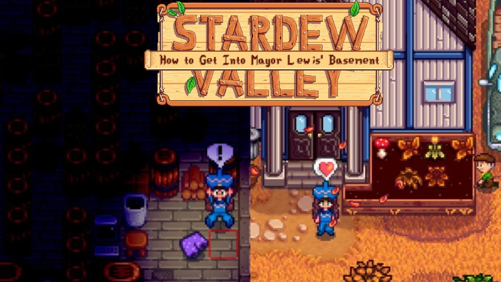 To the left is a player standing next to Mayor Lewis' Lucky Purple Shorts in his basement. To the right is a player standing in front of Mayor Lewis' house.