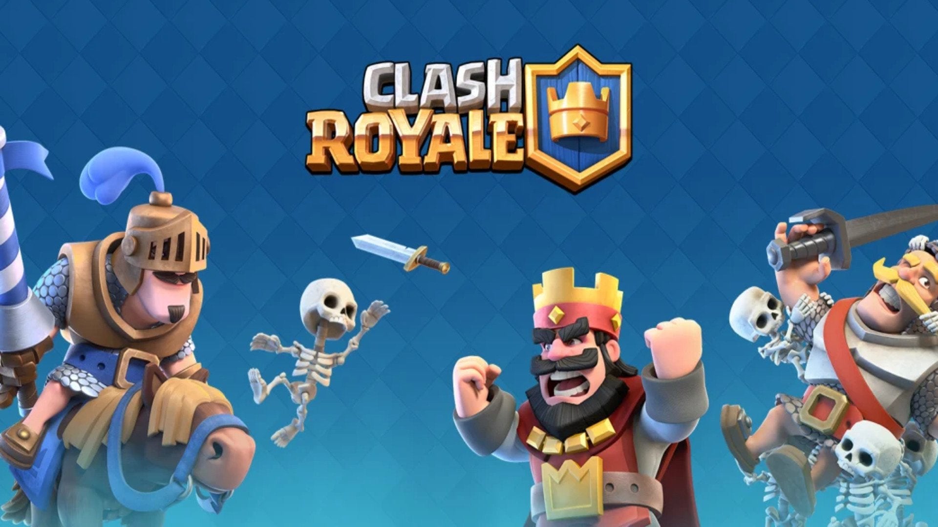 Art from Clash Royale featuring a knight and skeleton facing off against a King.
